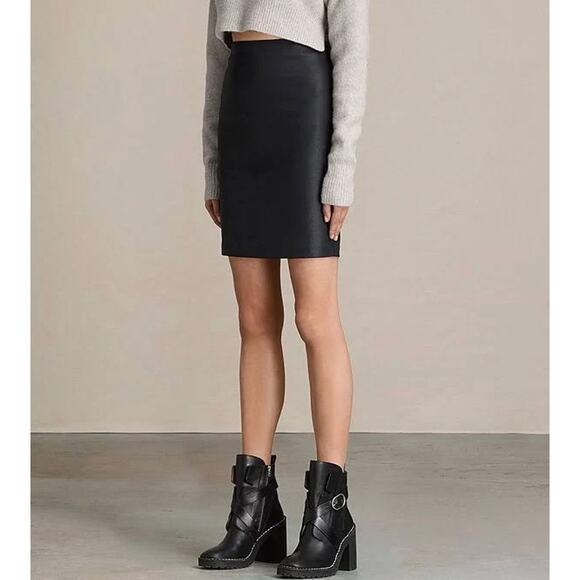AllSaints Black Coated Denim Pencil Skirt US 6 High Rise Bodycon Slim Fit EUC - Picture 3 of 16